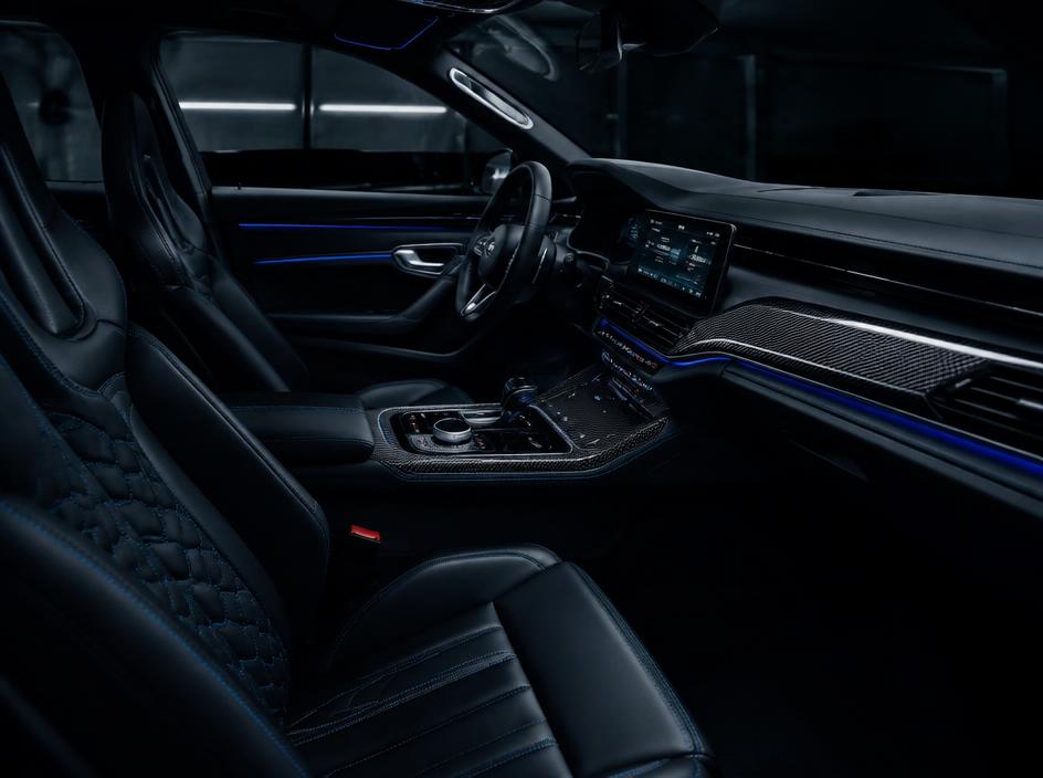 Freshly detailed luxury car interior with leather and carbon fiber